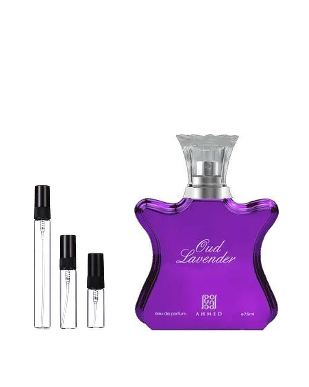 Ahmed Al Maghribi Oud Lavender sample – decant naast de volle fles ter herkenning