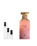 Ahmed Al Maghribi Peachy Peach sample – decant naast de volle fles ter herkenning