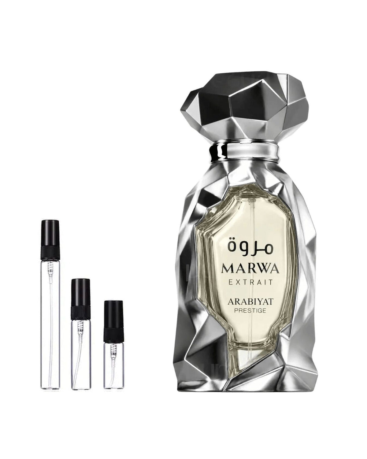 Arabiyat Prestige Marwa Extrait sample – decant naast de volle fles ter herkenning