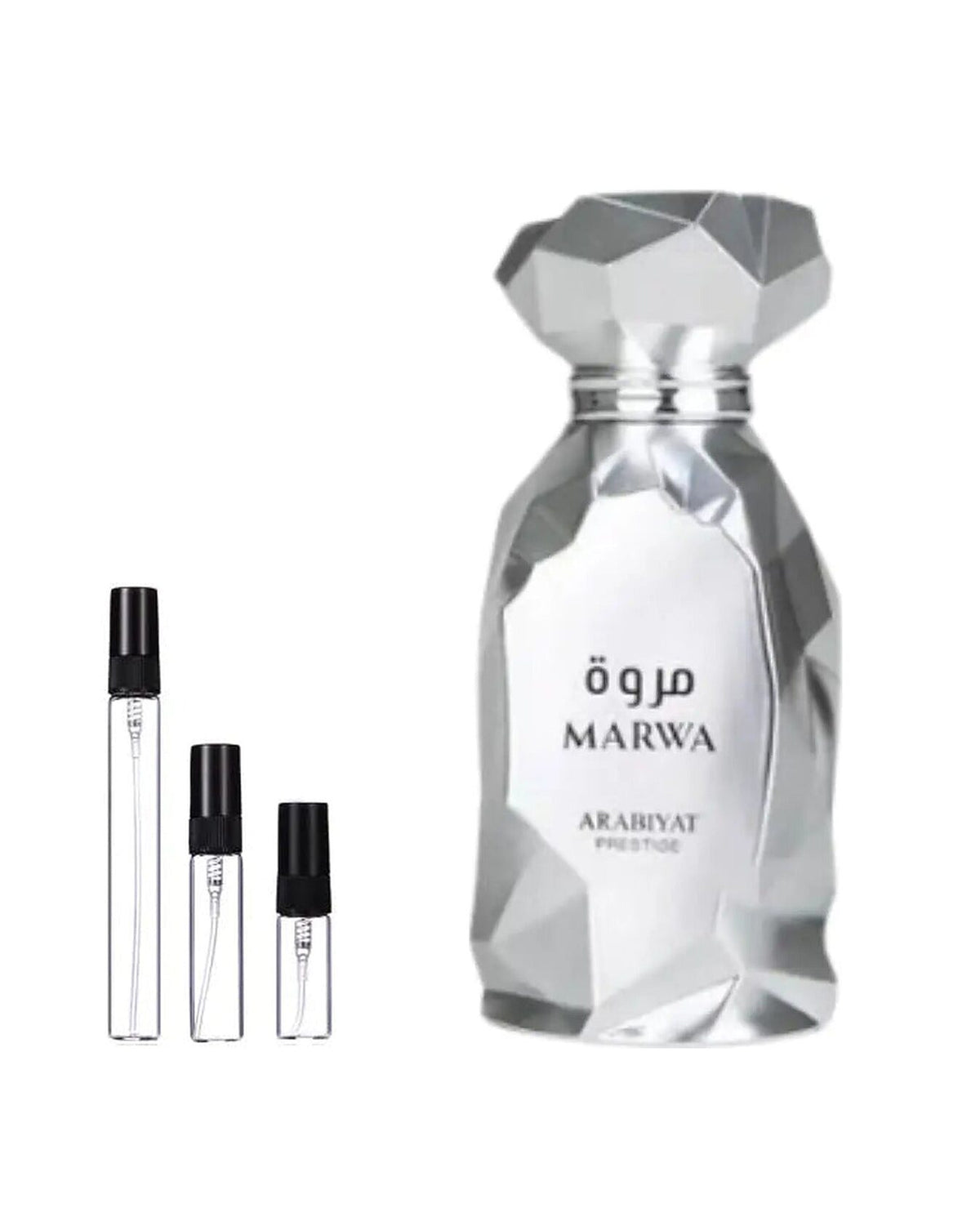 Arabiyat Prestige Marwa sample – decant naast de volle fles ter herkenning