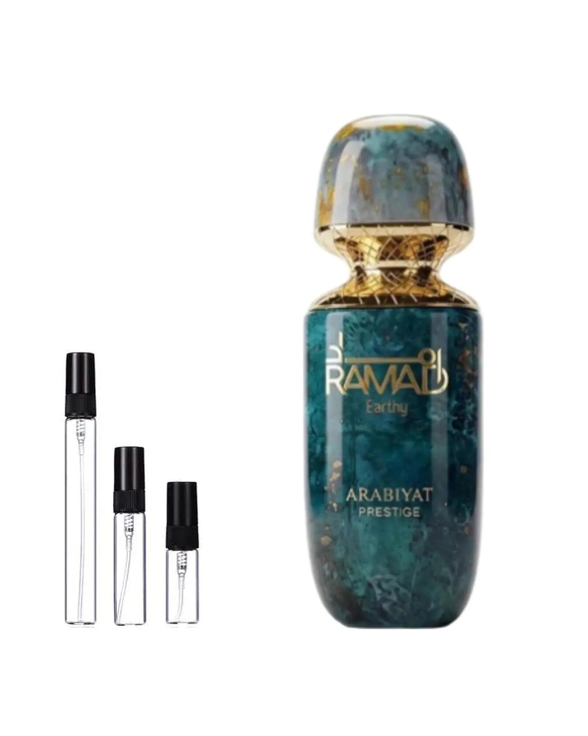 Arabiyat Prestige Ramad Earthy sample – decant naast de volle fles ter herkenning
