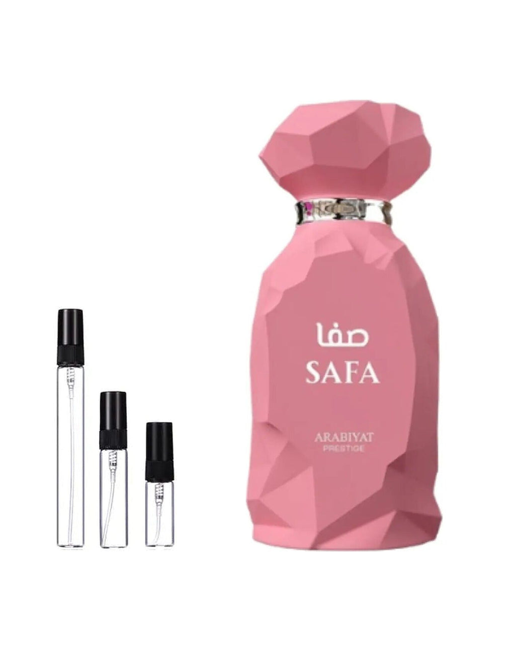 Arabiyat Prestige Safa sample – decant naast de volle fles ter herkenning