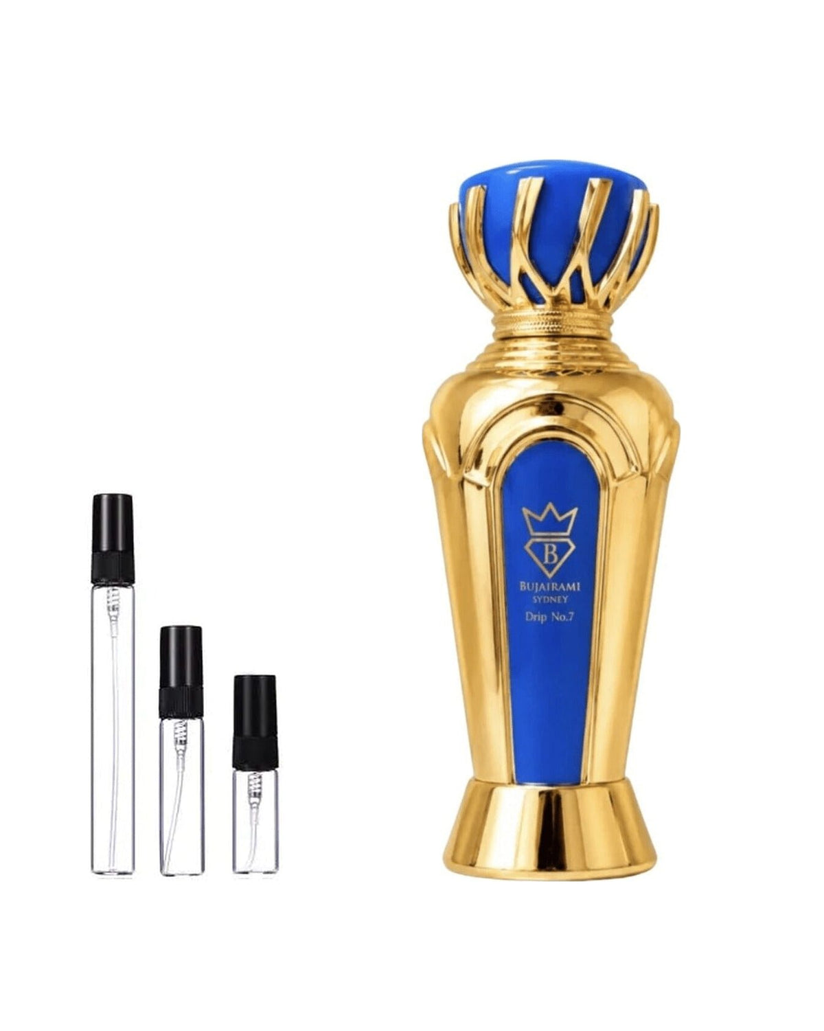 Bujairami Drip No 7 sample – decant naast de volle fles ter herkenning