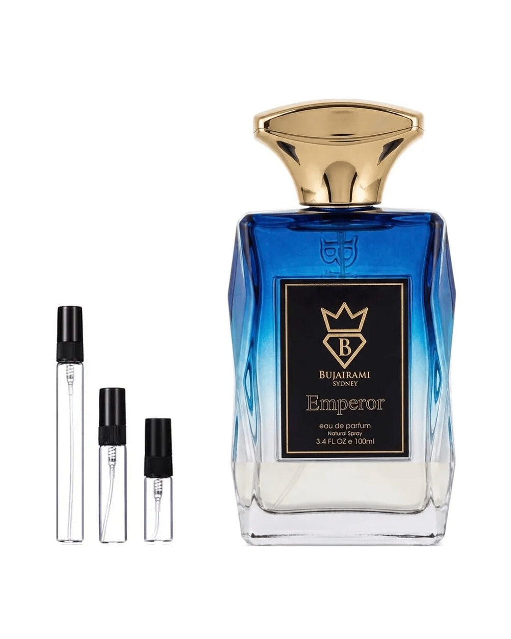 Bujairami Emperor sample – decant naast de volle fles ter herkenning