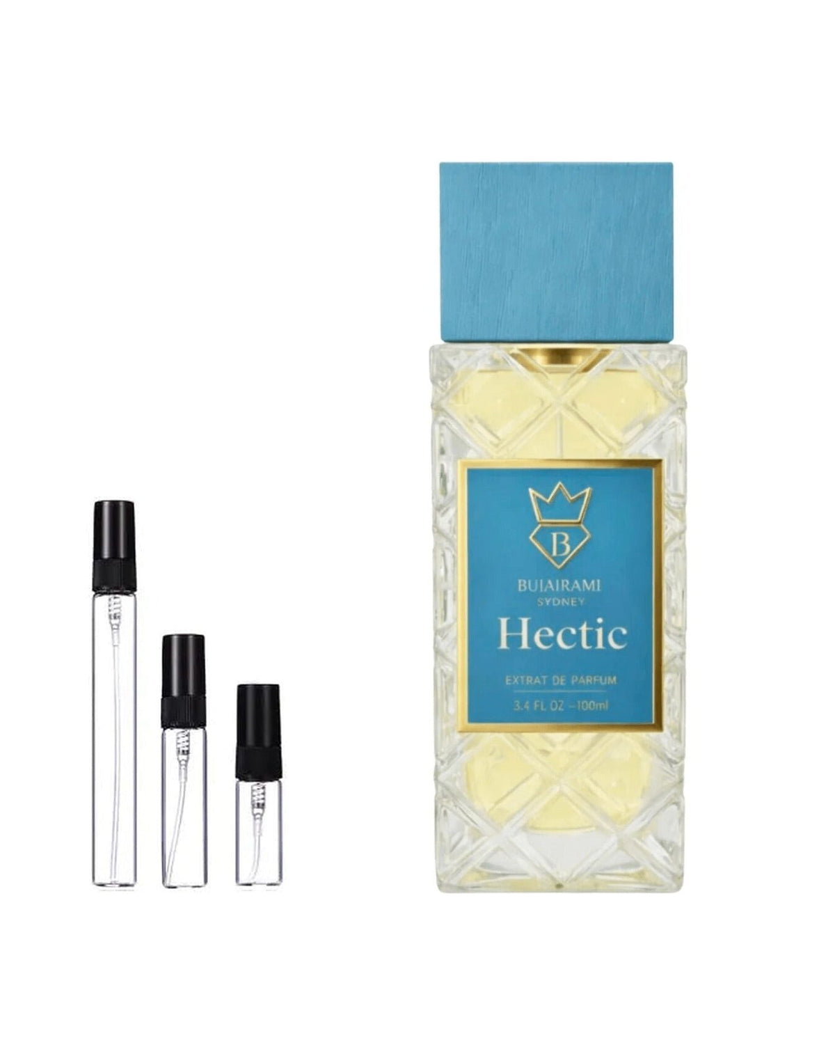 Bujairami Hectic sample – decant naast de volle fles ter herkenning