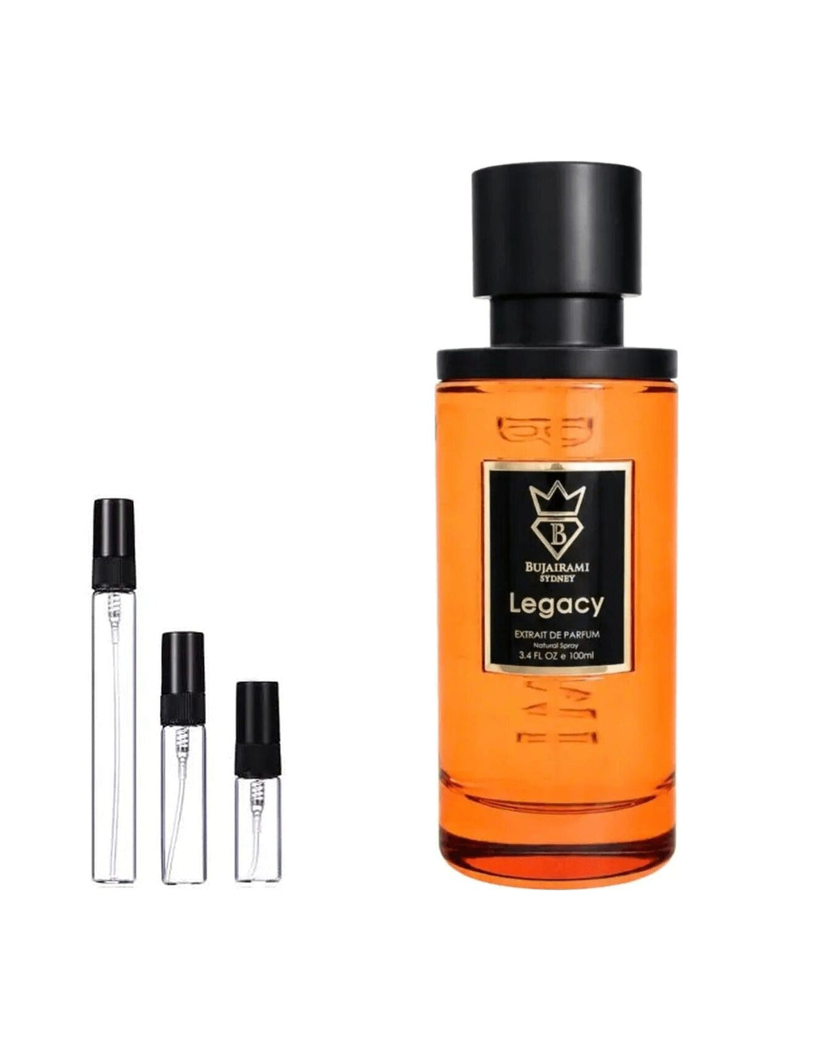 Bujairami Legacy sample – decant naast de volle fles ter herkenning