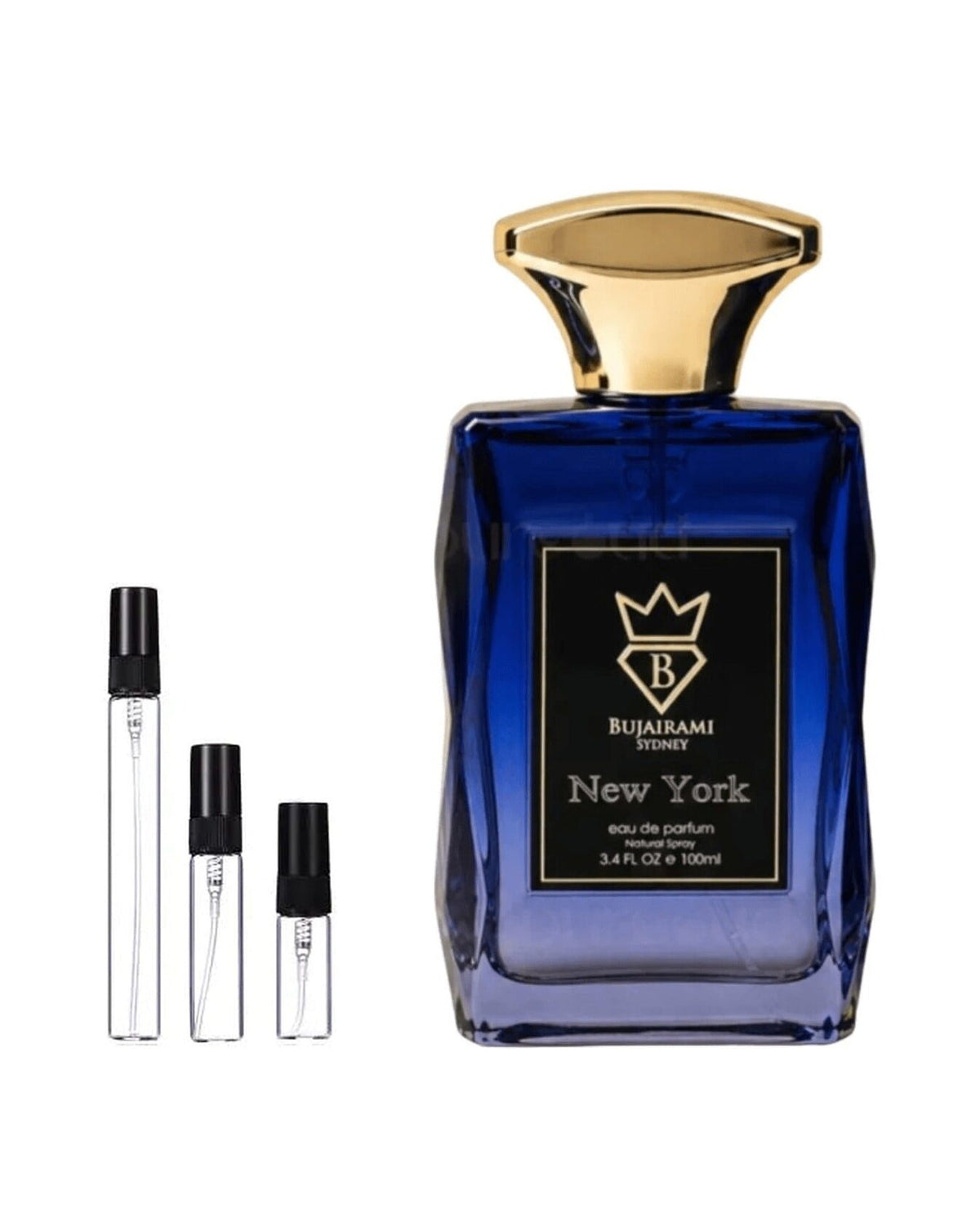 Bujairami New York sample – decant naast de volle fles ter herkenning
