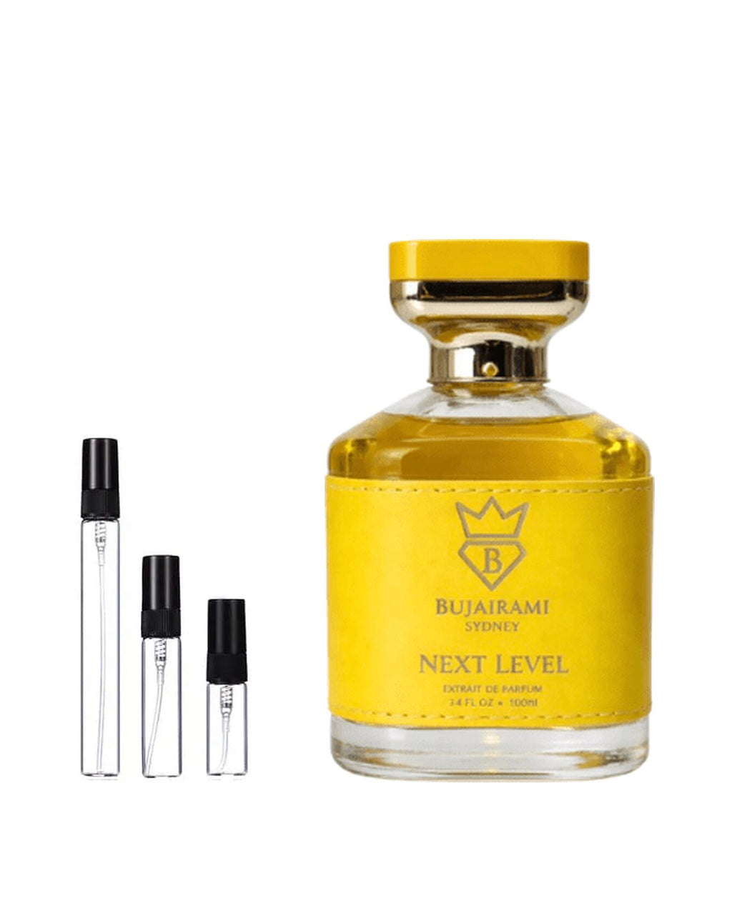 Bujairami Next Level sample – decant naast de volle fles ter herkenning