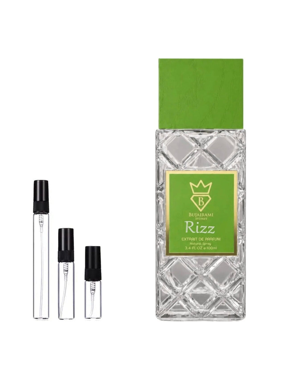 Bujairami Rizz sample – decant naast de volle fles ter herkenning