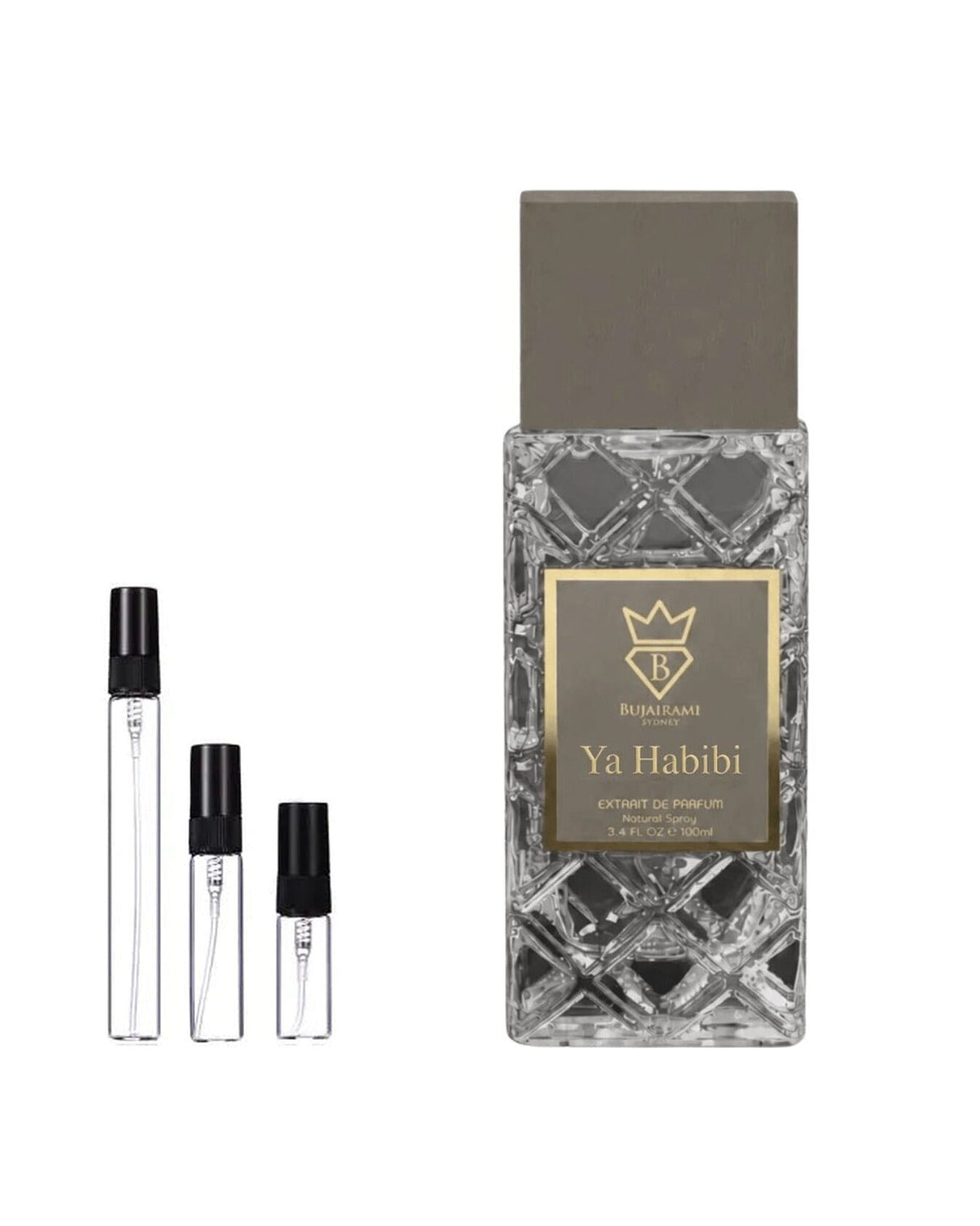 Bujairami Ya Habibi sample – decant naast de volle fles ter herkenning
