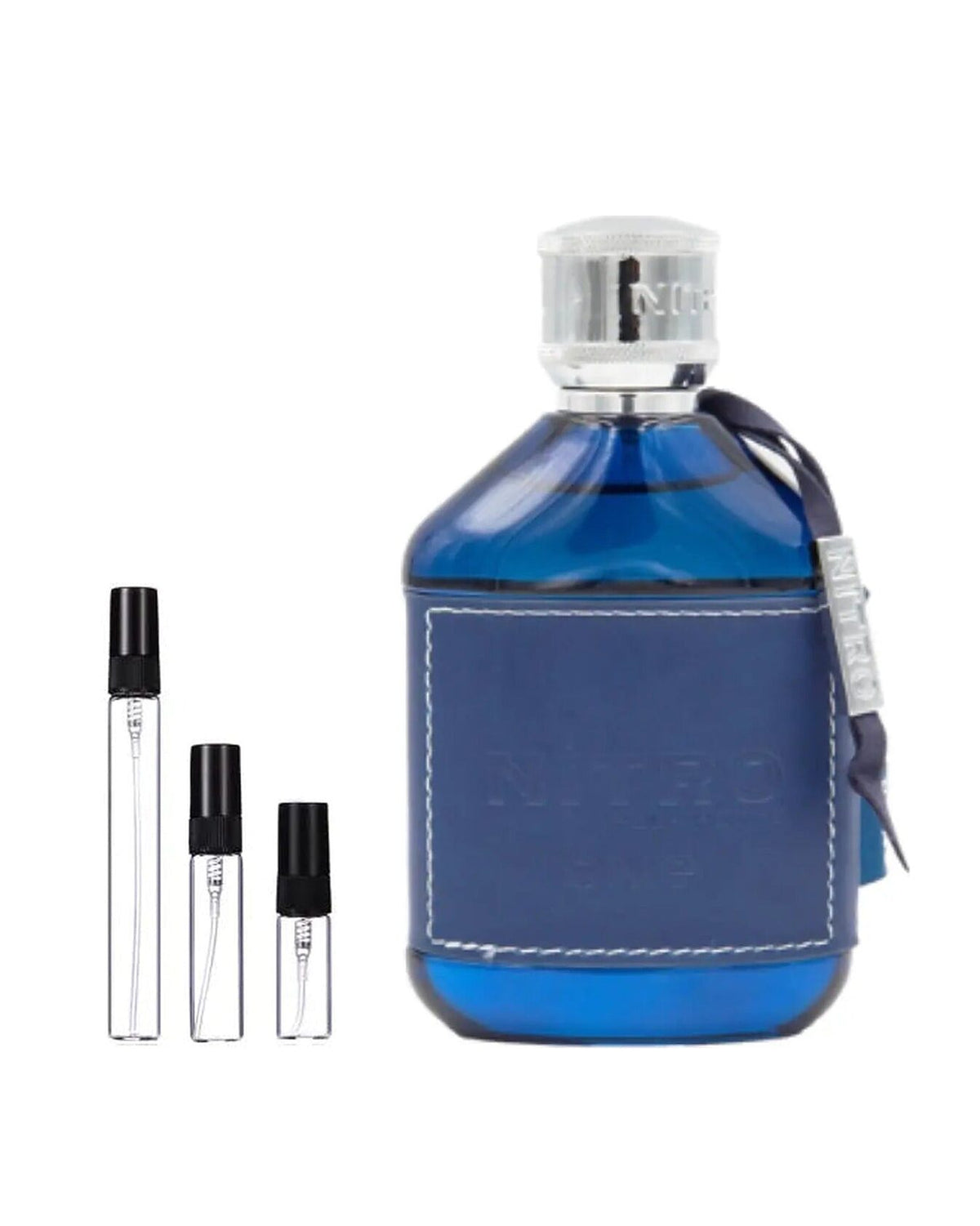 Dumont Nitro Blue sample – decant naast de volle fles ter herkenning