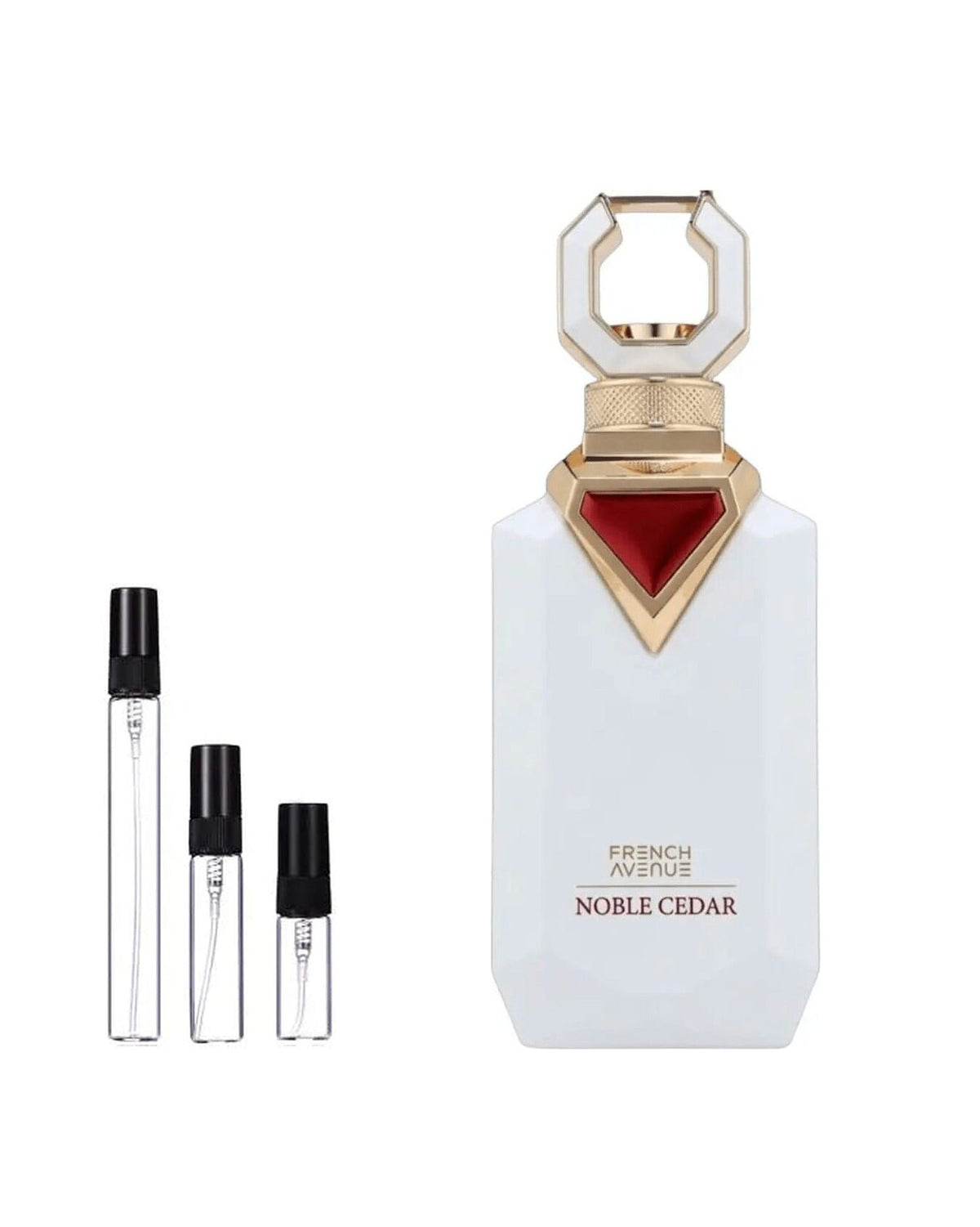French Avenue Noble Cedar sample – decant naast de volle fles ter herkenning
