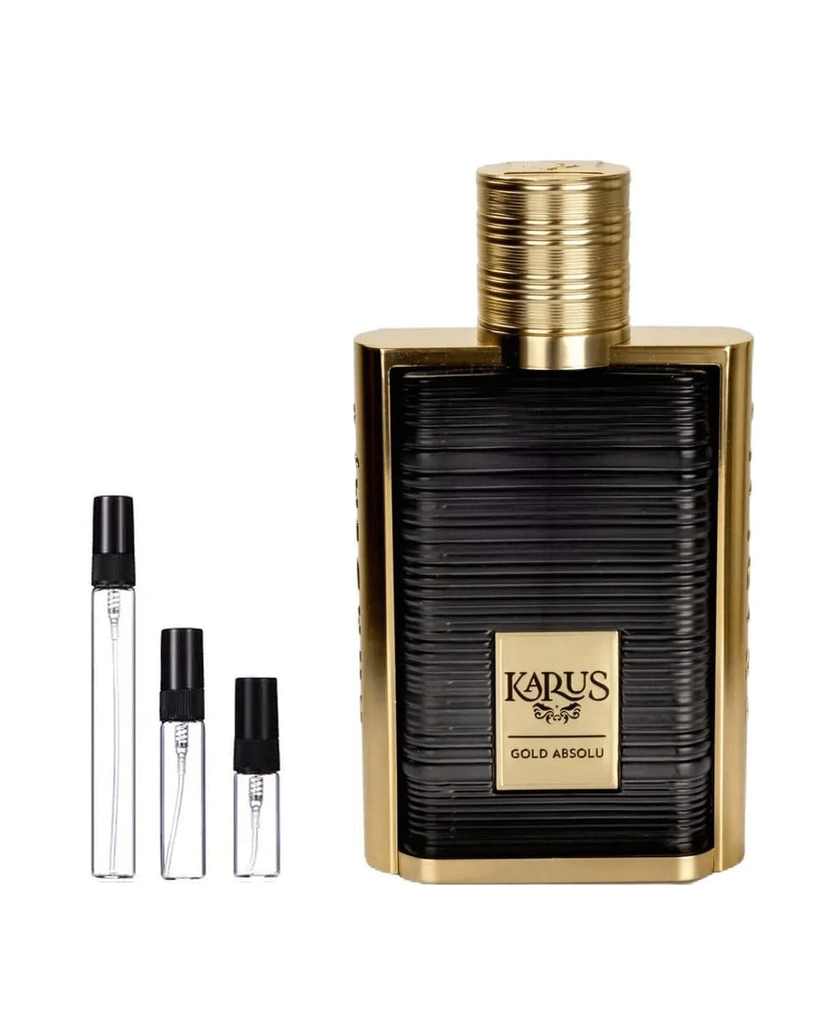 Khadlaj Karus Gold Absolu sample – decant naast de volle fles ter herkenning