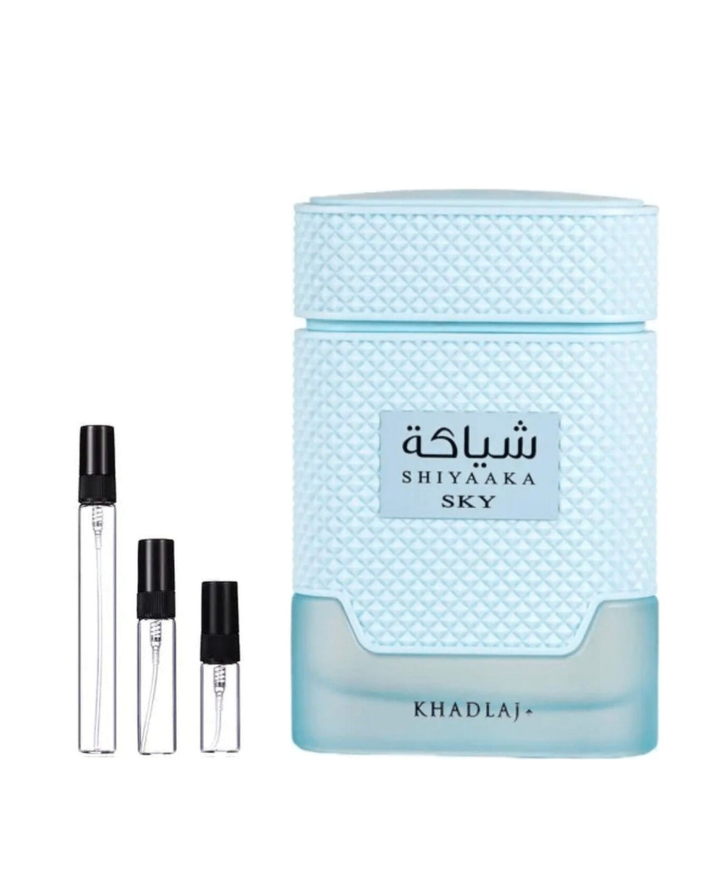Khadlaj Shiyaaka Sky sample – decant naast de volle fles ter herkenning