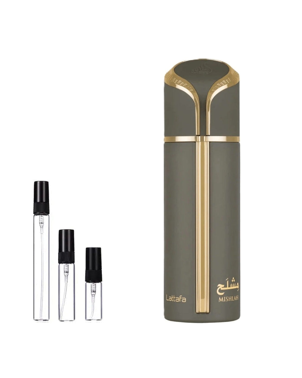 Lattafa Mishlah sample – decant naast de volle fles ter herkenning