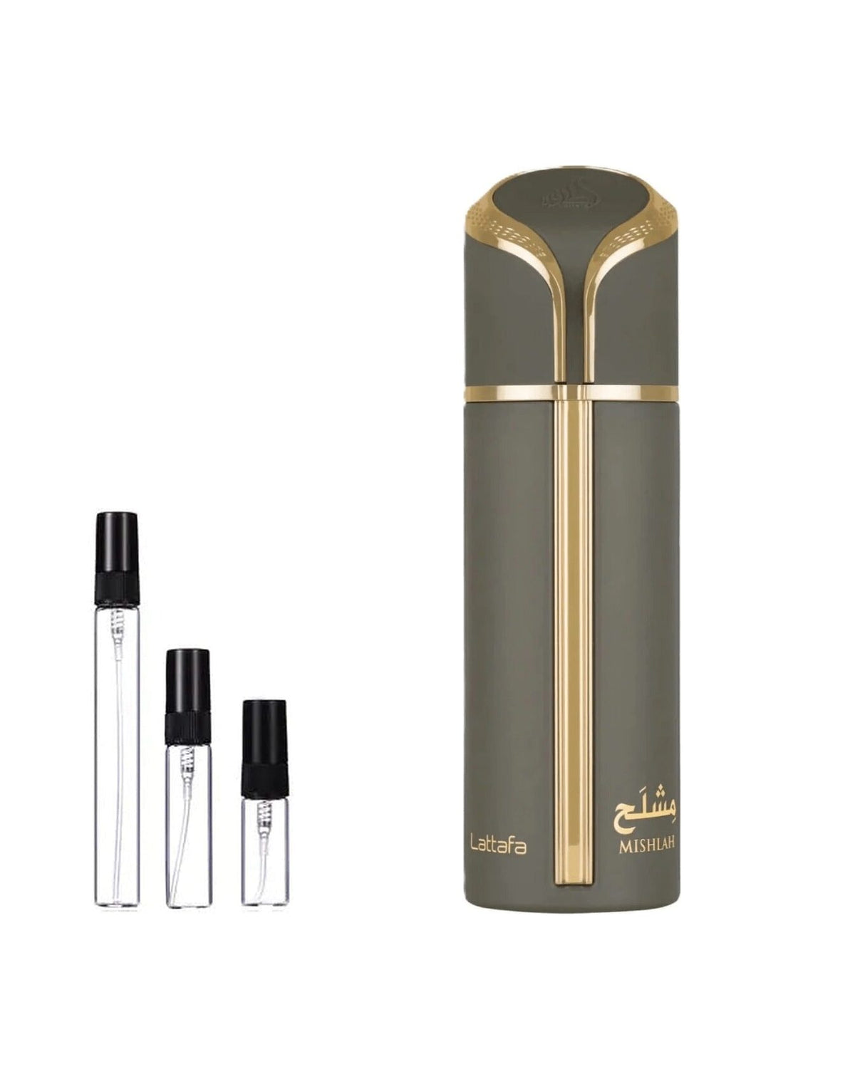 Lattafa Mishlah sample – decant naast de volle fles ter herkenning