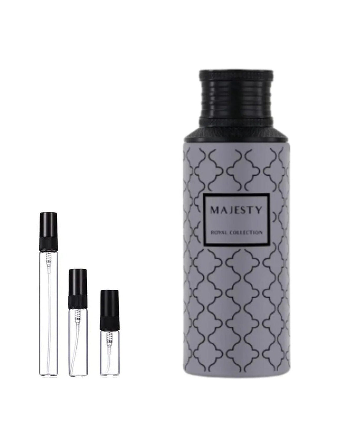 Maison Asrar Majesty sample – decant naast de volle fles ter herkenning