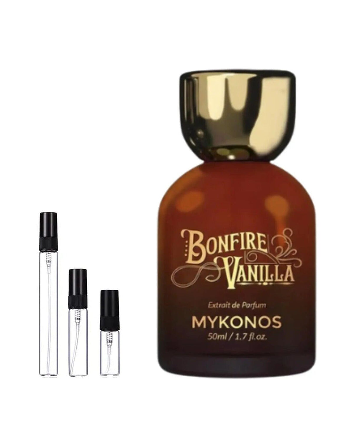 Mykonos Bonfire Vanilla sample – decant naast de volle fles ter herkenning