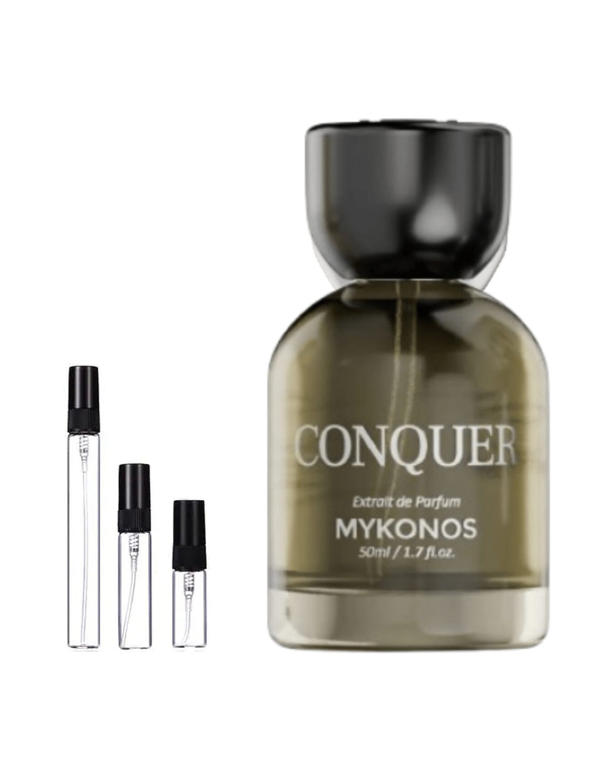 Mykonos Conquer sample – decant naast de volle fles ter herkenning