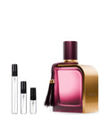 Mykonos Crimson sample – decant naast de volle fles ter herkenning