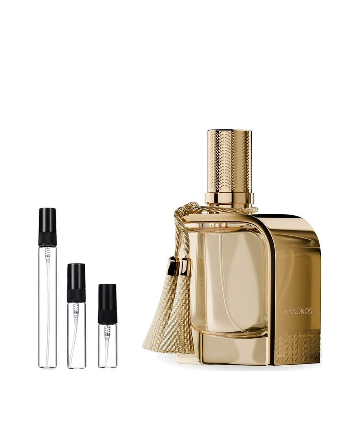 Mykonos Mayfair sample – decant naast de volle fles ter herkenning