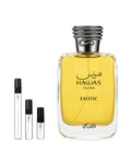 Rasasi Hawas Exotic sample – decant naast de volle fles ter herkenning