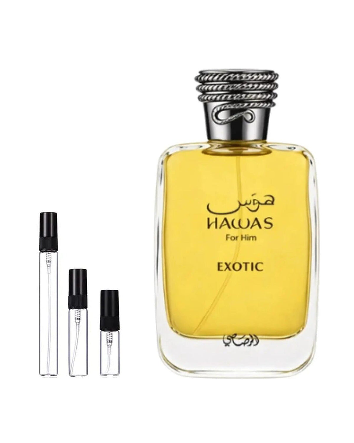 Rasasi Hawas Exotic sample – decant naast de volle fles ter herkenning