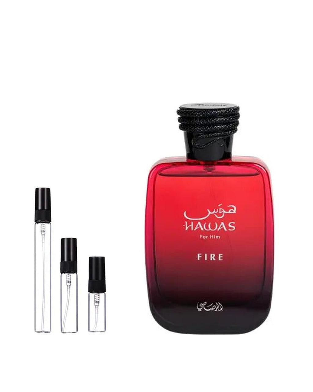 Rasasi Hawas Fire sample – decant naast de volle fles ter herkenning