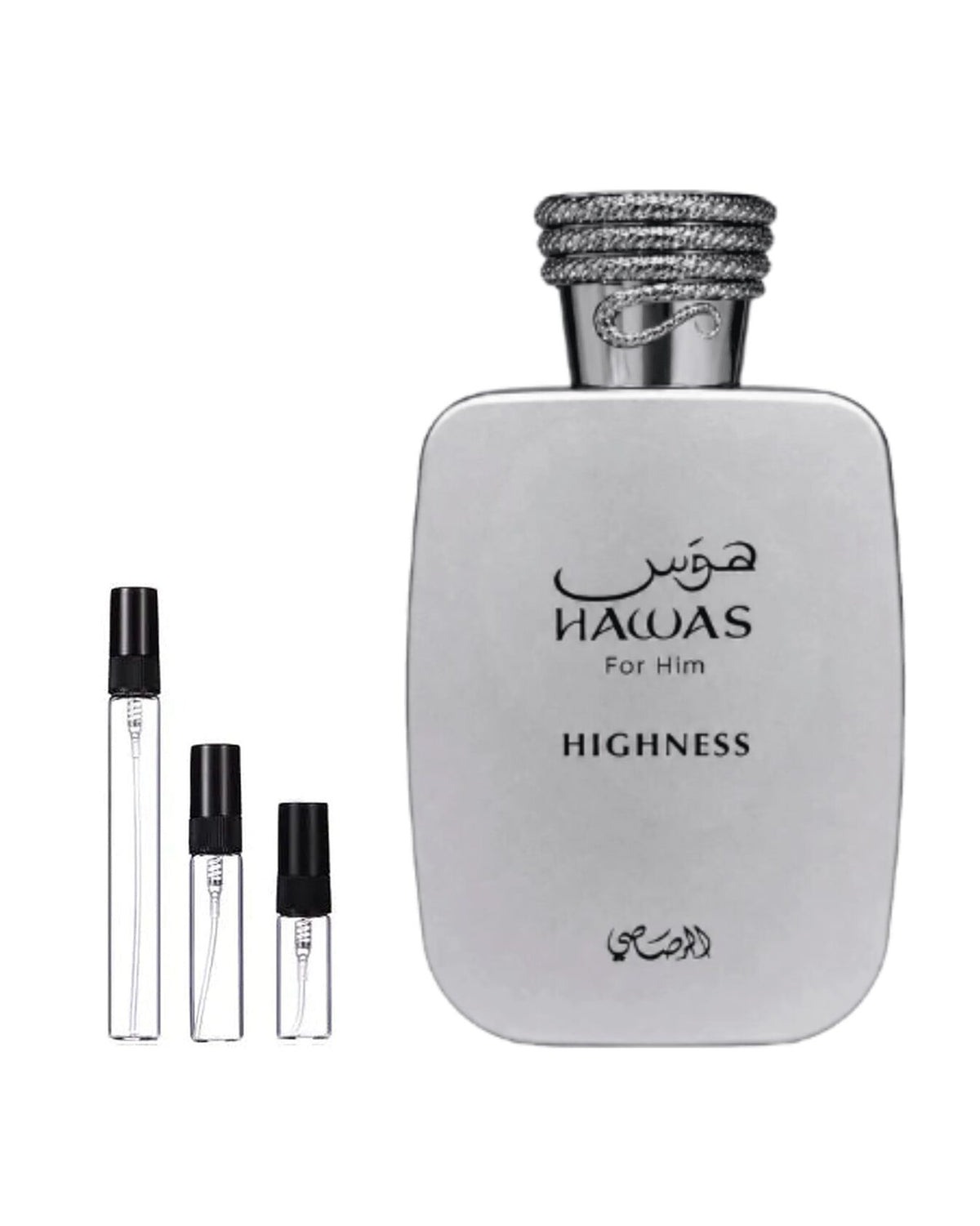 Rasasi Hawas Highness sample – decant naast de volle fles ter herkenning