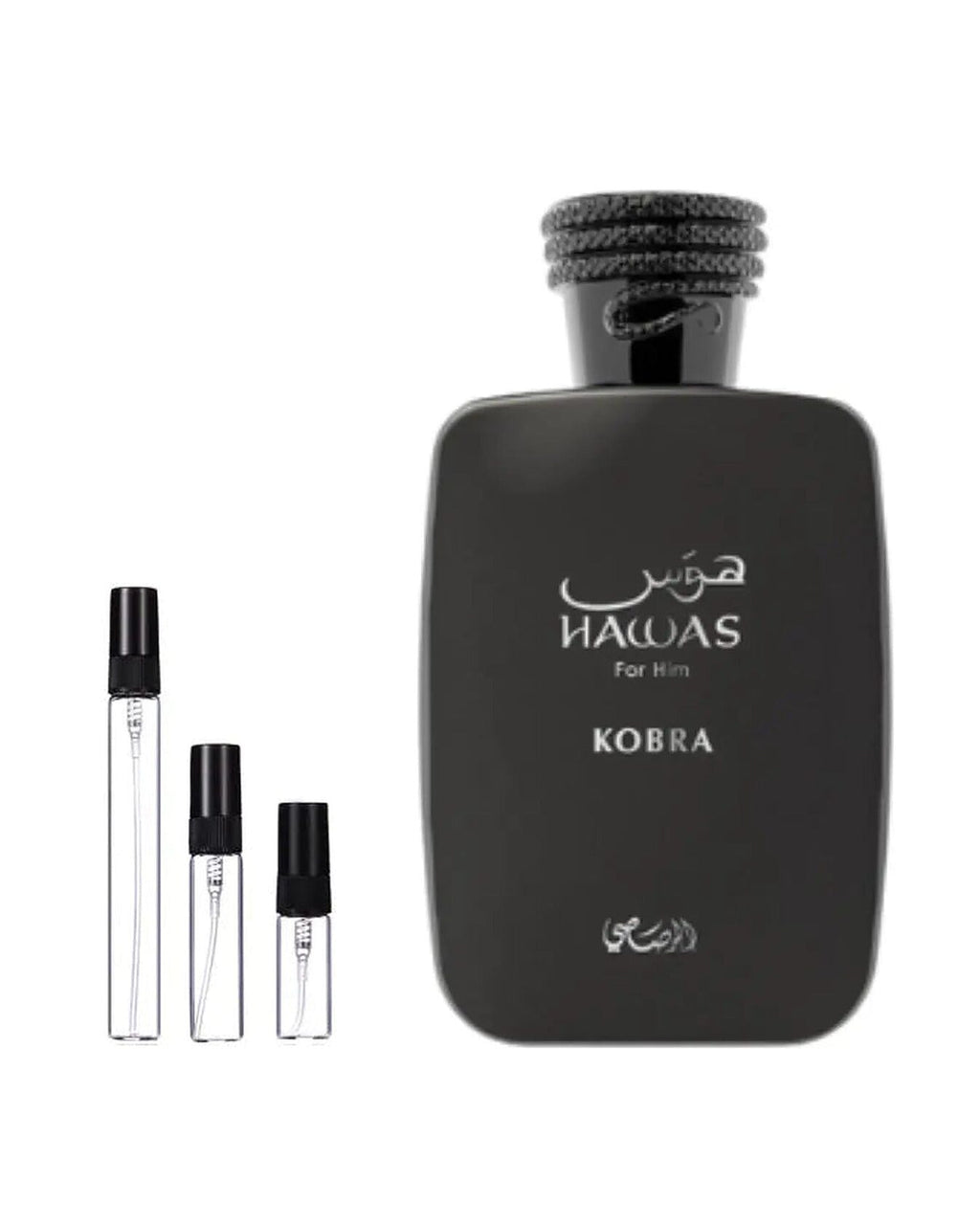 Rasasi Hawas Kobra sample – decant naast de volle fles ter herkenning