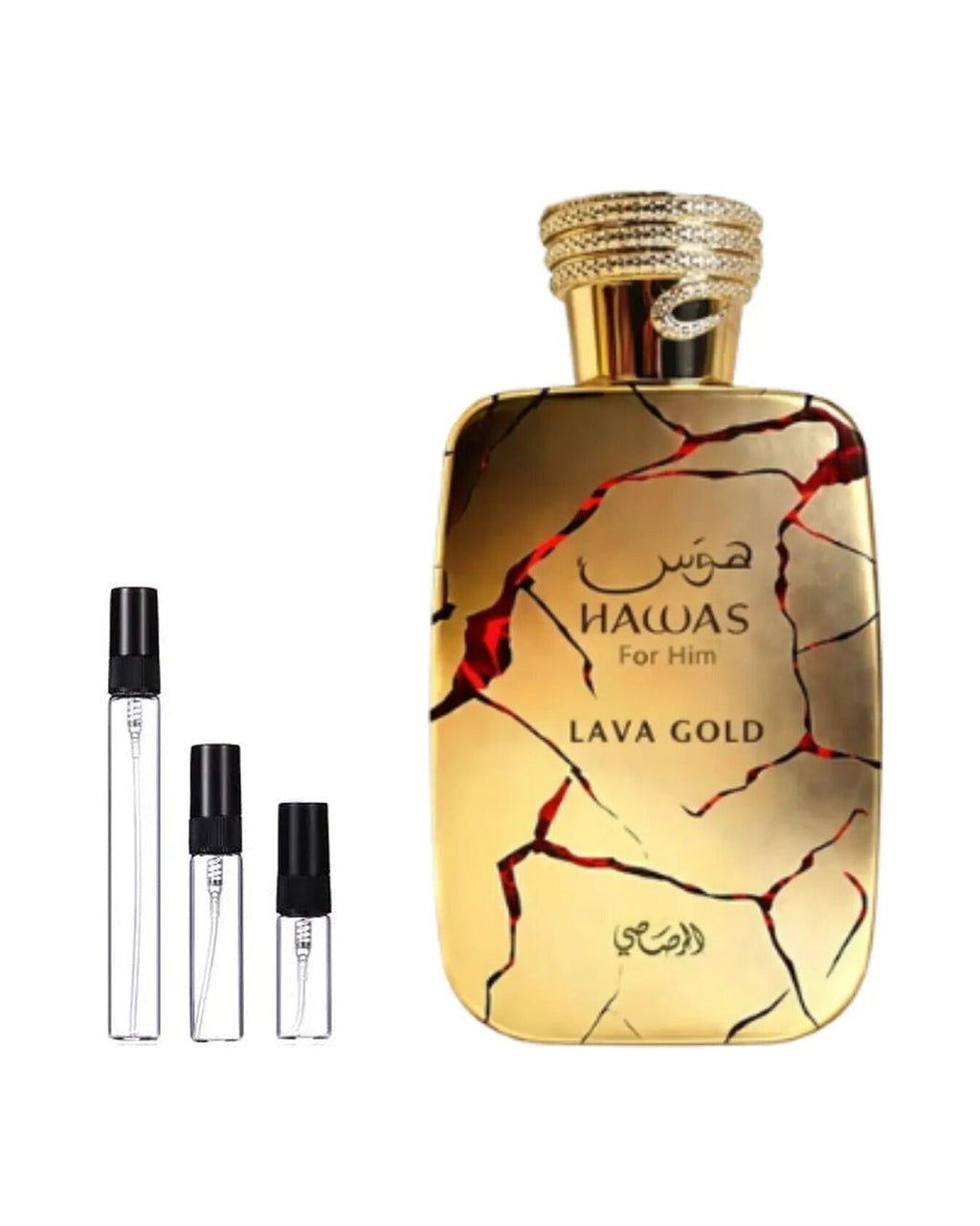 Rasasi Hawas Lava Gold sample – decant naast de volle fles ter herkenning