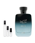Rasasi Hawas Malibu sample – decant naast de volle fles ter herkenning