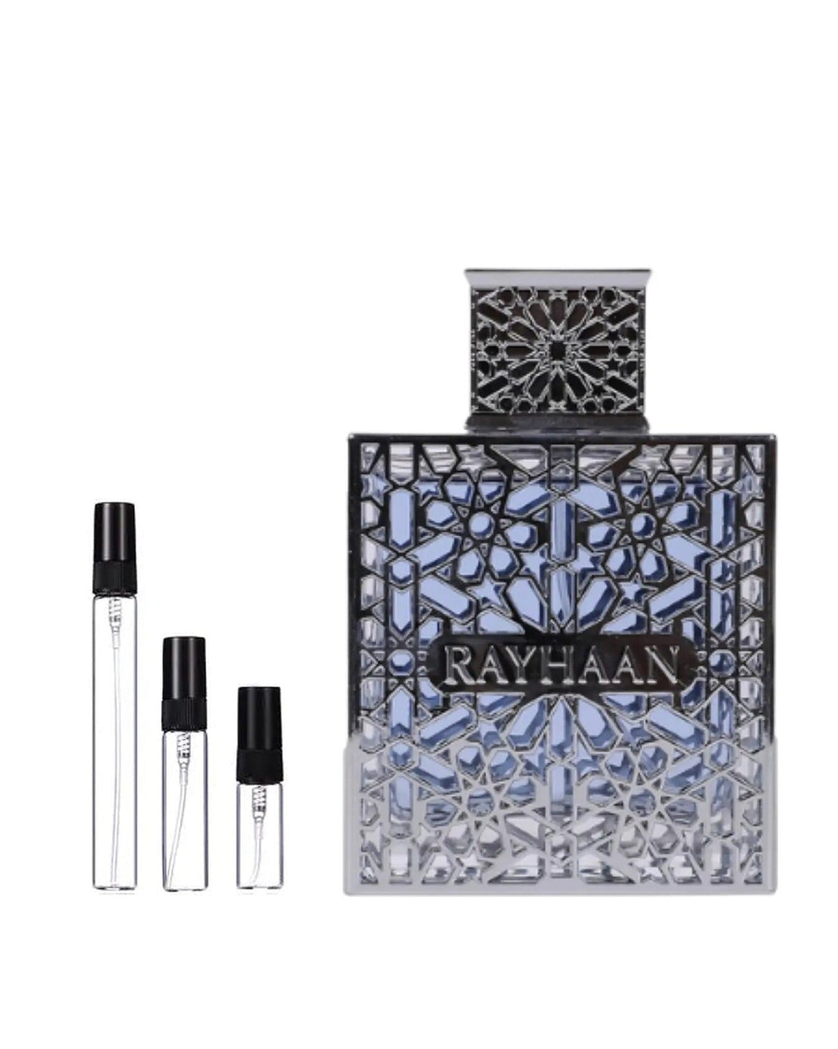 Rayhaan Aquatica sample – decant naast de volle fles ter herkenning