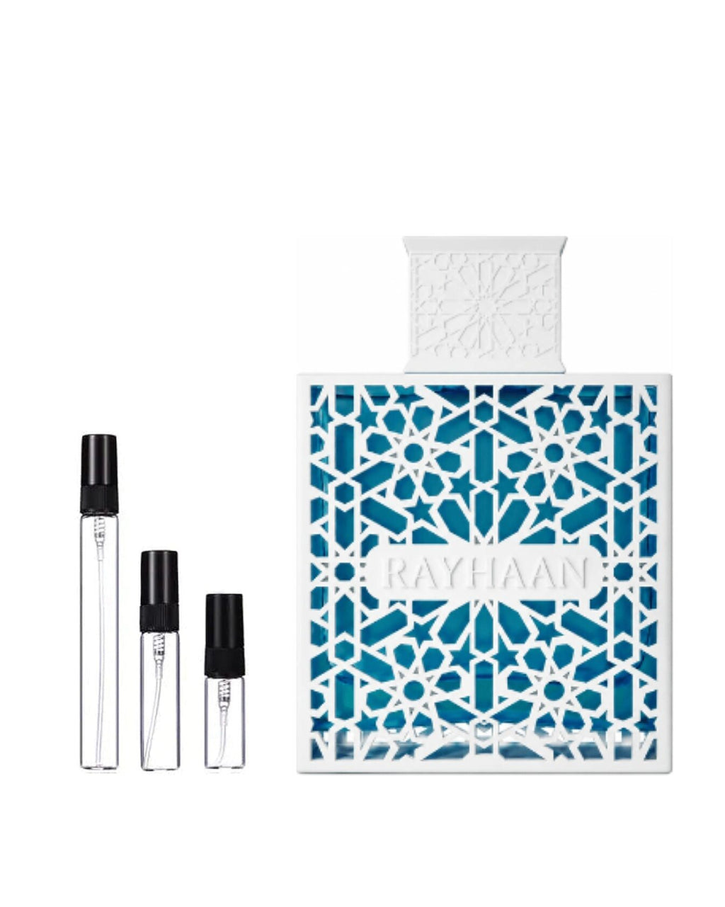 Rayhaan Azul sample – decant naast de volle fles ter herkenning