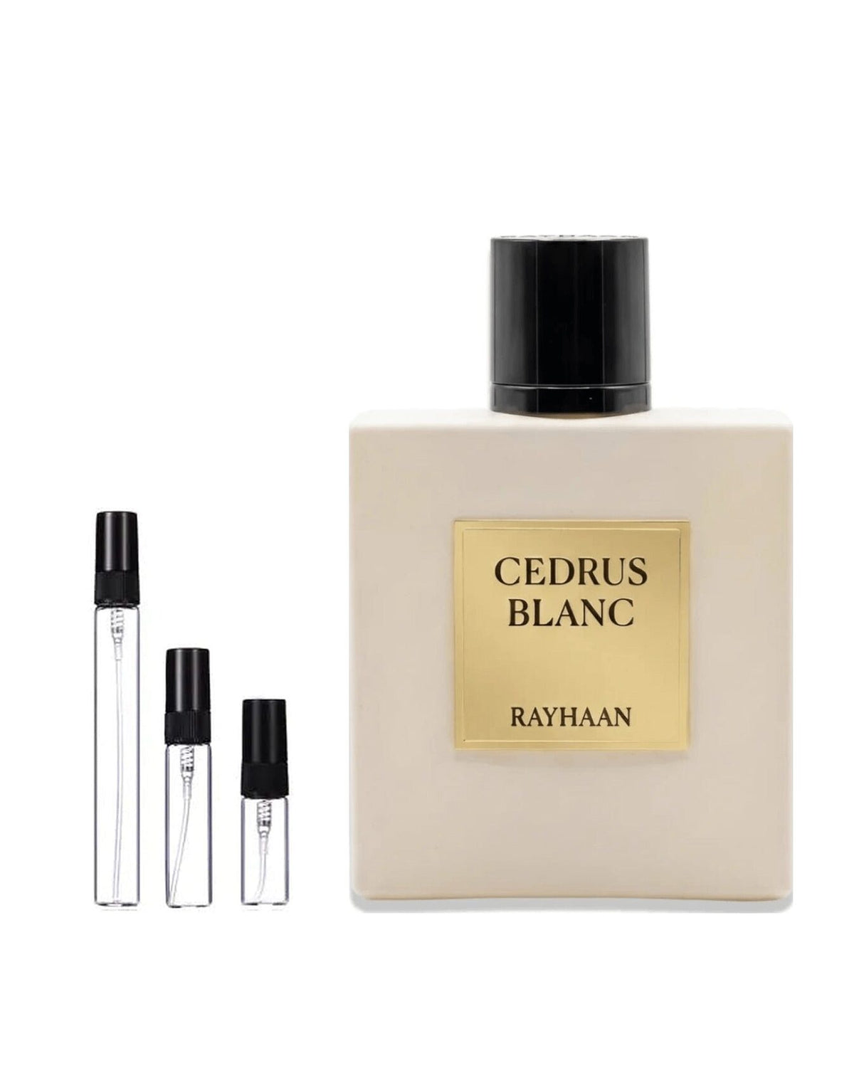 Rayhaan Cedrus Blanc sample – decant naast de volle fles ter herkenning