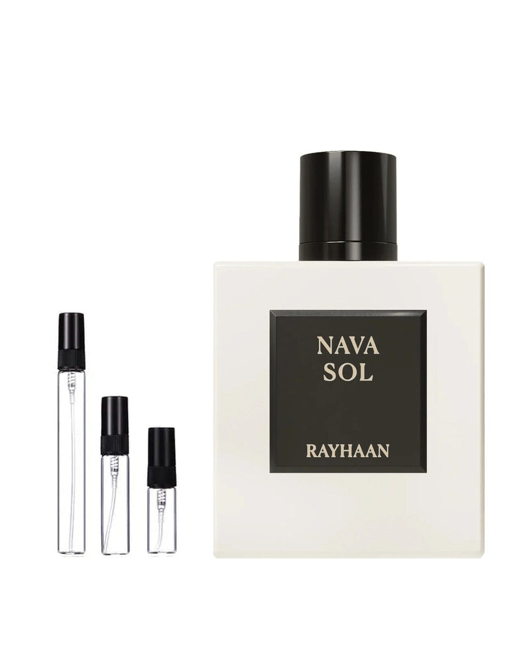 Rayhaan Nava Sol sample – decant naast de volle fles ter herkenning