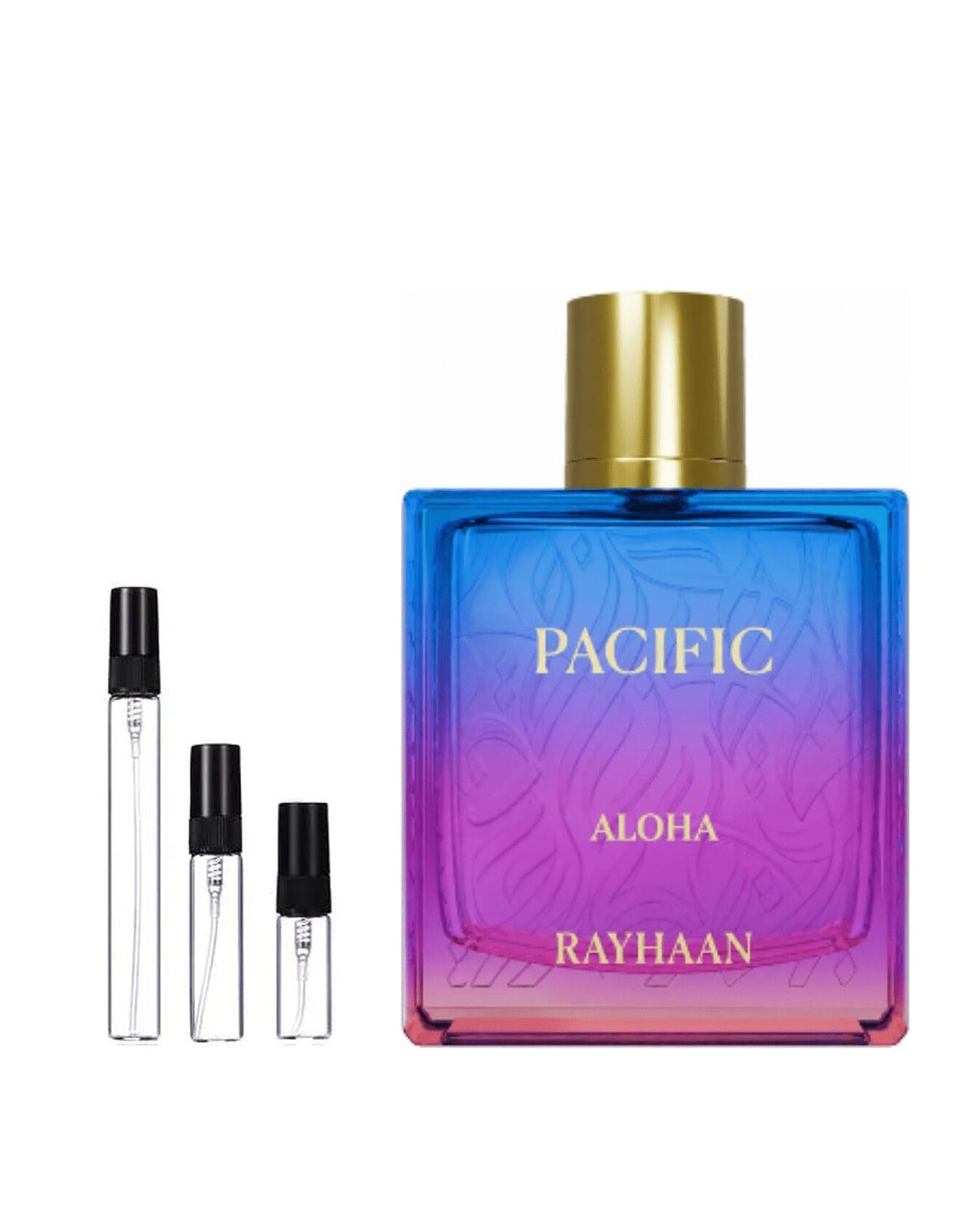 Rayhaan Pacific Aloha sample – decant naast de volle fles ter herkenning