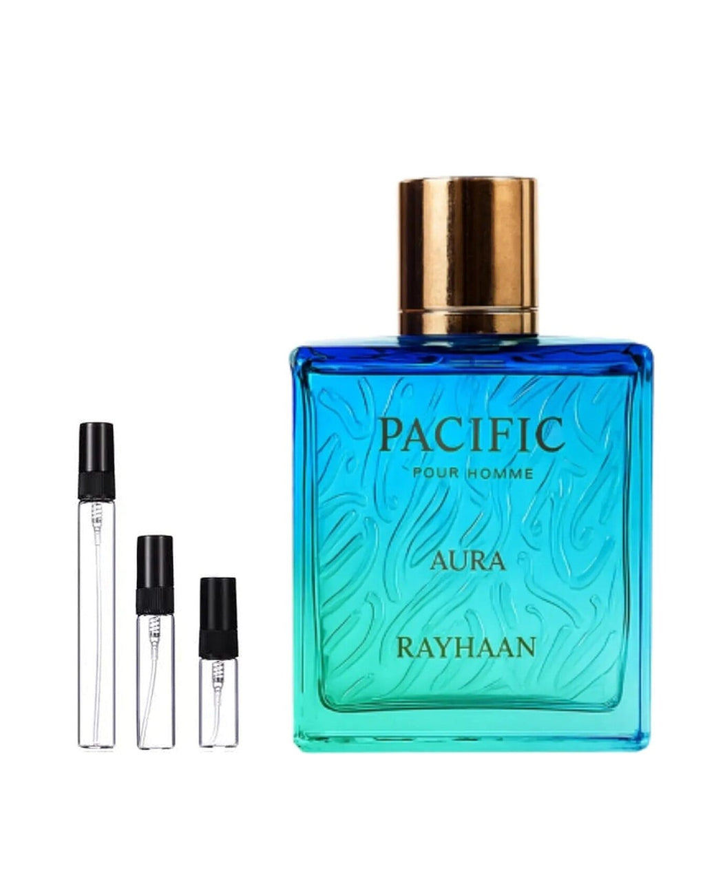 Rayhaan Pacific Aura sample – decant naast de volle fles ter herkenning
