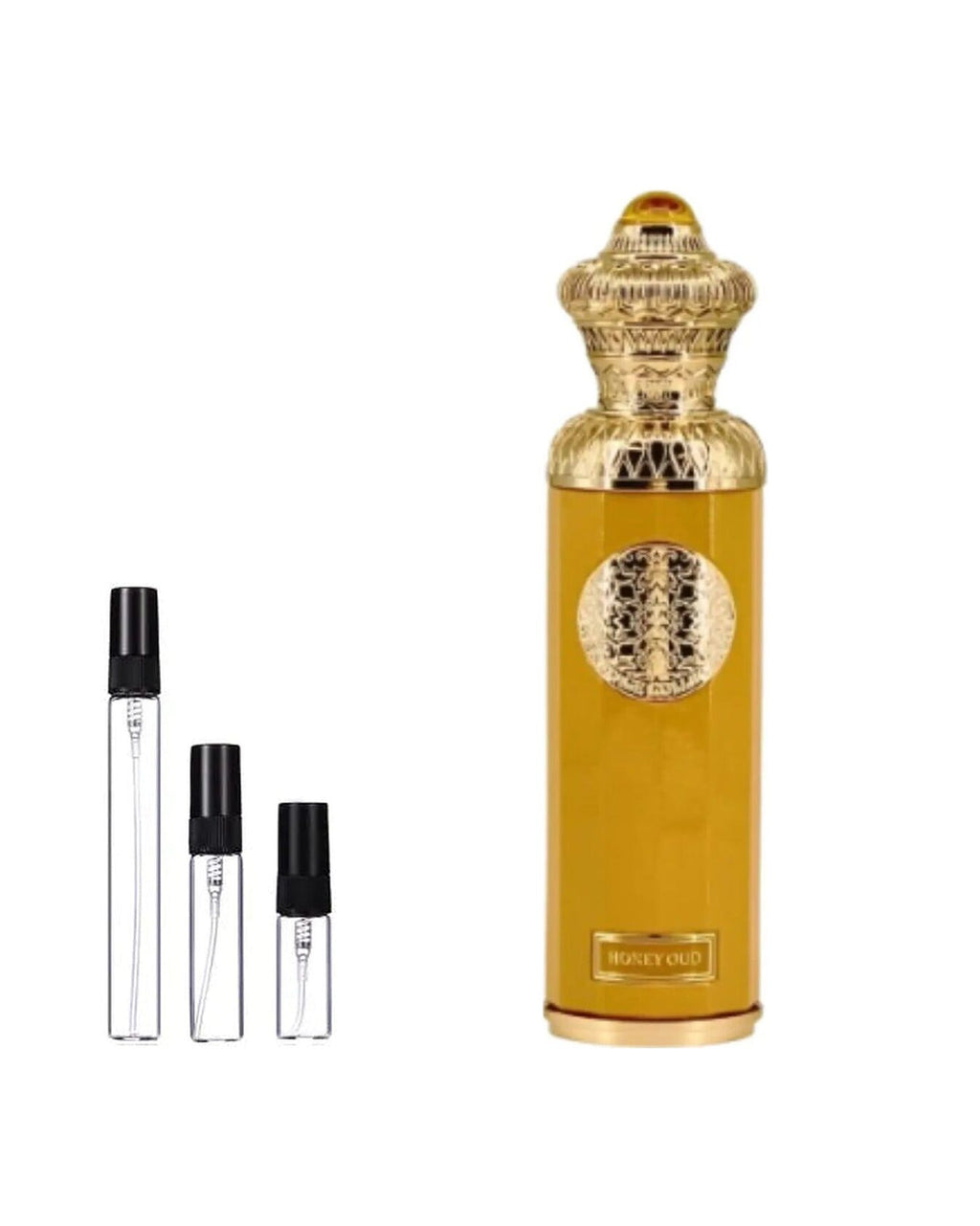 Surrati Honey Oud sample – decant naast de volle fles ter herkenning