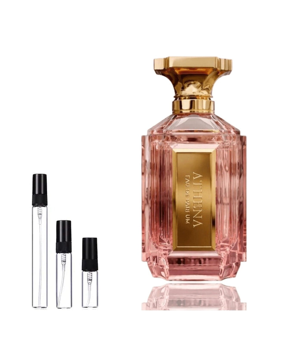 Velixir Athena sample – decant naast de volle fles ter herkenning
