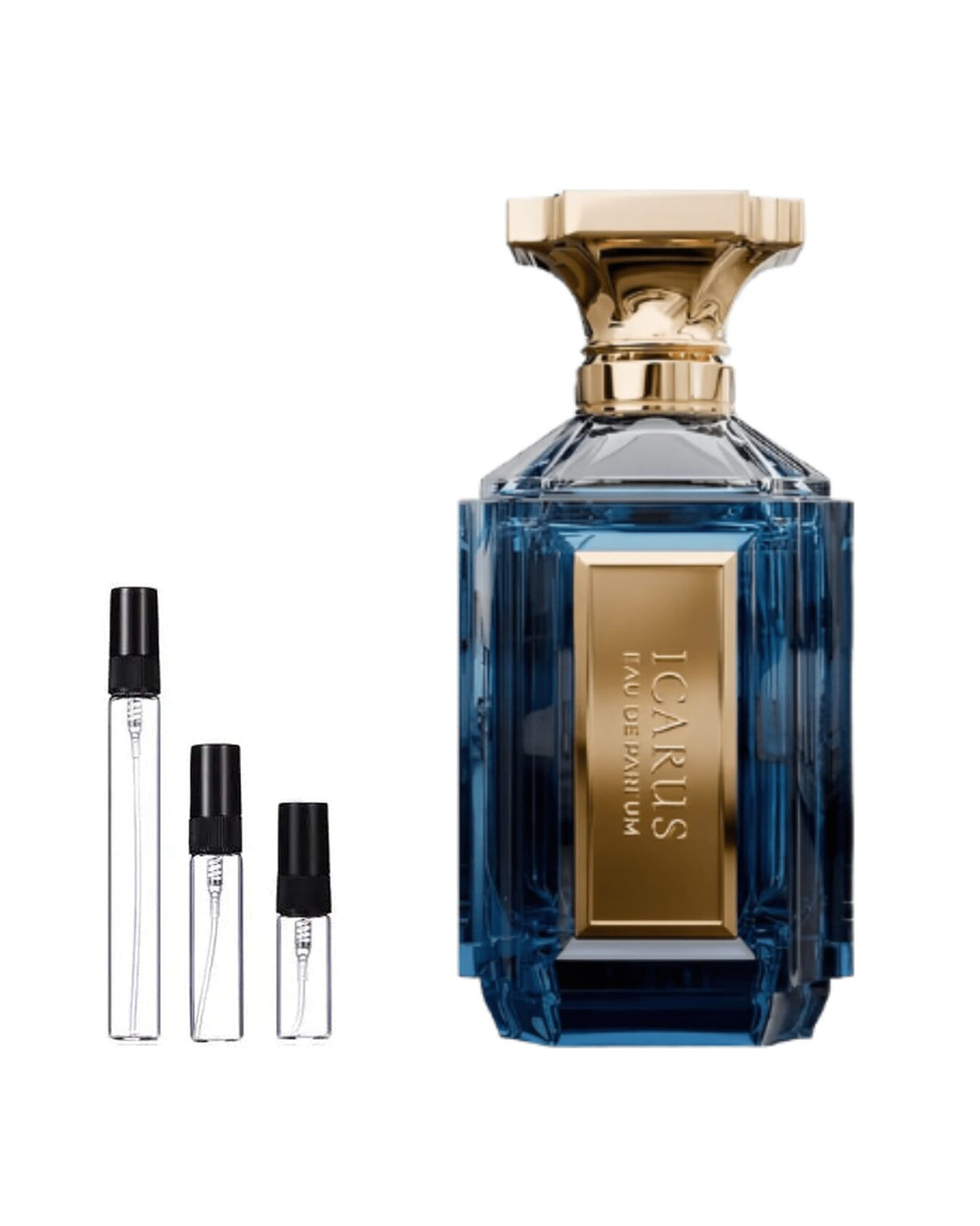 Velixir Icarus sample – decant naast de volle fles ter herkenning