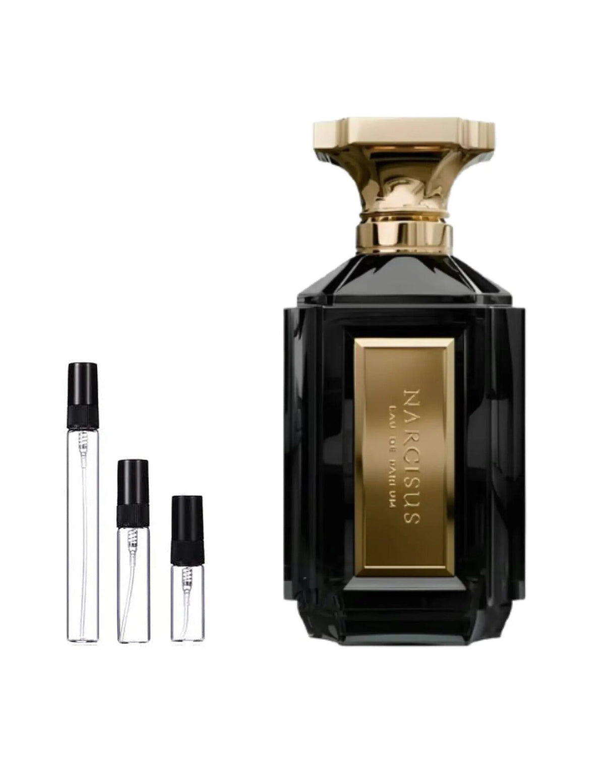 Velixir Narcisus sample – decant naast de volle fles ter herkenning
